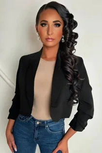 Black Cropped Blazer with Ruched Sleeves