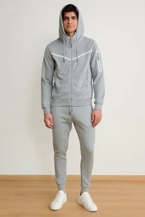Mens Grey Full Zip Tracksuit With White Contrast