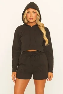 Black Crucifix Embroidered Cropped Hoodie Shorts Set