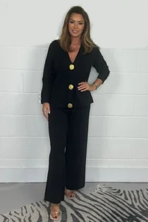 Black Long Sleeve Gold Button Cheesecloth Top And Trouser Co-Ord Set