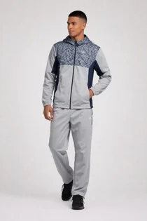 Mens Silver Grey Colourblock Hooded Zip-Up Tracksuit Set