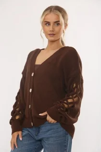 Brown Braided Cut Out Sleeves Buttoned Knit Cardigan
