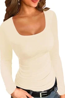 Cream Stretchable Square Neck Long Sleeve Top