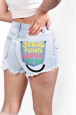 Light Denim Button Up Printed Back Shorts