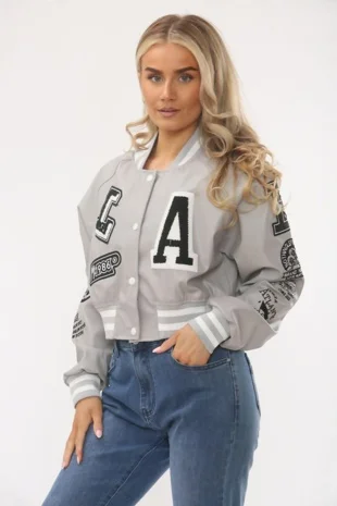 Dove Grey Womens Faux Leather Cropped Graphic Bomber Jacket