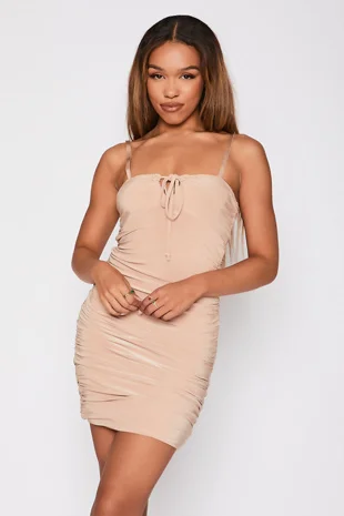 Beige Ruched Knot Front Bodycon Dress