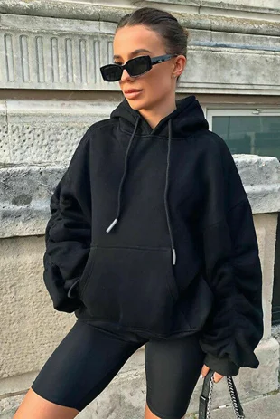 Black Oversized Ruched Sleeve Hoodie