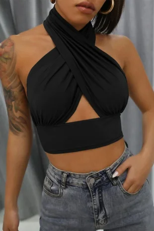 Black Slinky Cross Front Halterneck Crop Top 