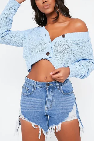 Blue Cable Knit Cropped Button Cardigan