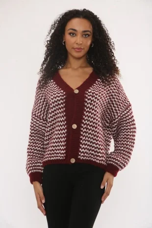 Wine Chunky Knit Buttoned V Neck Cardigan