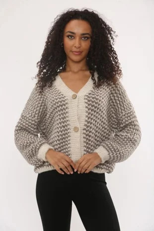 Mocha Chunky Knit Buttoned V Neck Cardigan