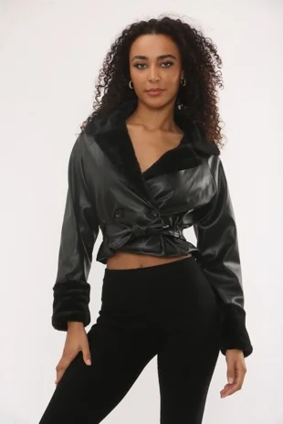 Black Cropped Faux Leather Jacket Styled With Fur Collar And Cuffs