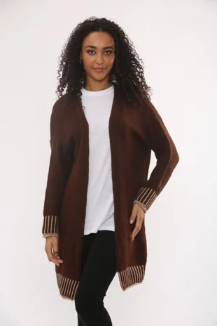 Chocolate Casual Open Front Striped Details Mid Length Wool Cardigan