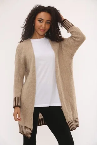 Beige Wool Blend Cardigan With Contrast Stripes