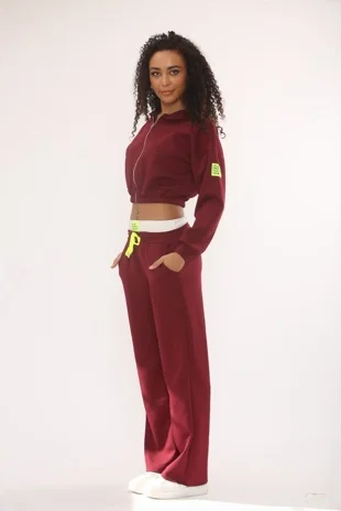 Wine Graphic Badge Zip Up Cropped Hoodie With Contrast Trouser Co-Ord Set