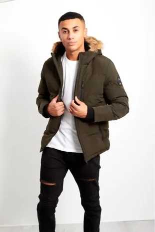 Mens Khaki Faux Fur Hood Puffer Jacket