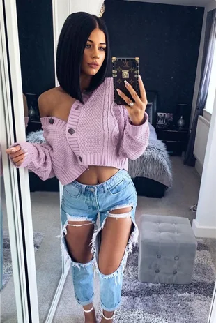 Lilac Cable Knit Cropped Button Cardigan 