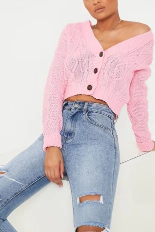 Pink Cable Knit Cropped Button Cardigan