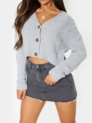 Grey Cable Knit Cropped Button Cardigan