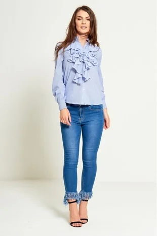 Blue Tassel Hem Skinny Jeans 