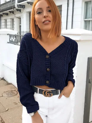 Navy Cable Knit Cropped Button Cardigan