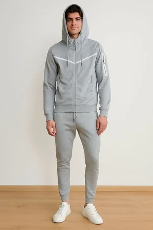 Mens Grey Full Zip Tracksuit With White Contrast