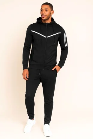 Mens Black Full Zip Tracksuit With White Contrast