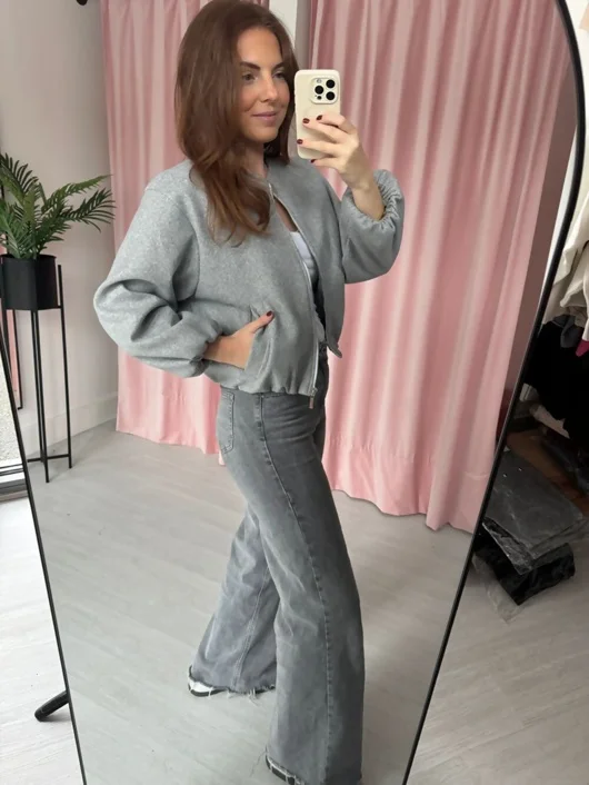Grey Zip Up Cropped Bomber Jacket With Puff Sleeves