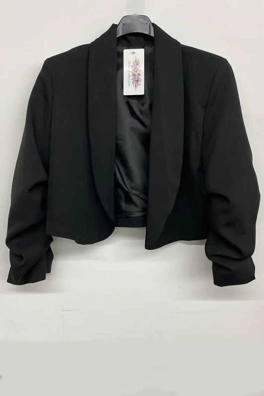 Black Cropped Blazer with Ruched Sleeves