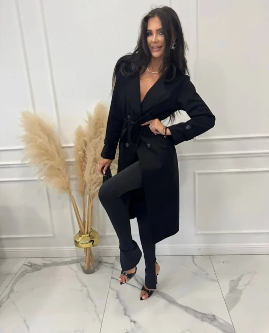 Black Suede Belted Trench Coat With Buttons
