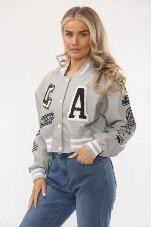 Dove Grey Womens Faux Leather Cropped Graphic Bomber Jacket