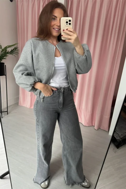 Grey Zip Up Cropped Bomber Jacket With Puff Sleeves