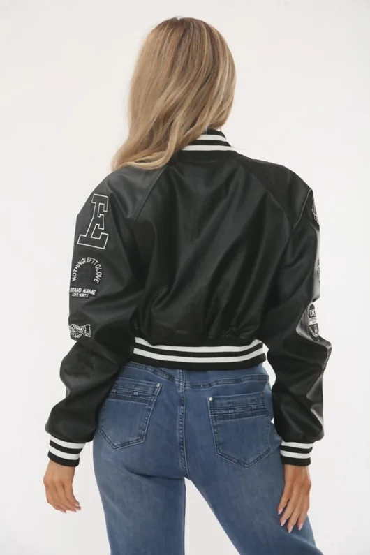 Black Womens Faux Leather Cropped Graphic Bomber Jacket
