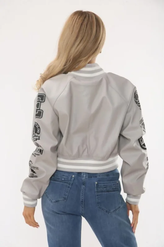 Dove Grey Womens Faux Leather Cropped Graphic Bomber Jacket