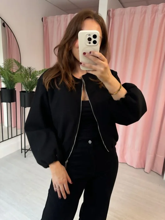 Black Zip Up Cropped Bomber Jacket With Puff Sleeves