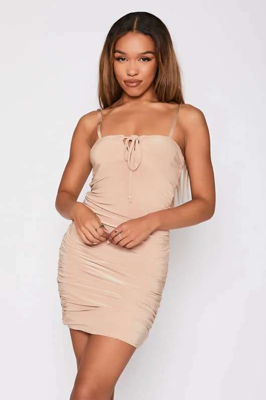 Beige Ruched Knot Front Bodycon Dress