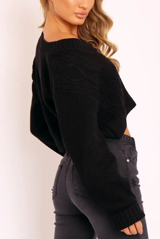 Black Cable Knit Cropped Button Cardigan