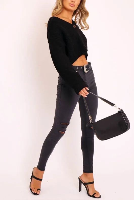 Black Cable Knit Cropped Button Cardigan