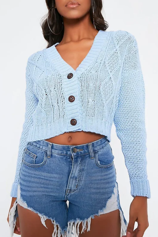 Blue Cable Knit Cropped Button Cardigan