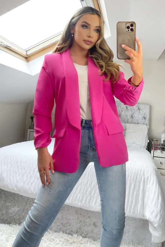 Hot Pink Ruched Sleeve Blazer