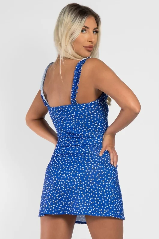 Blue Floral Print Frill Detail Shift Dress