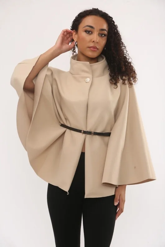 Beige Wool Blend Cape Coat With Belt