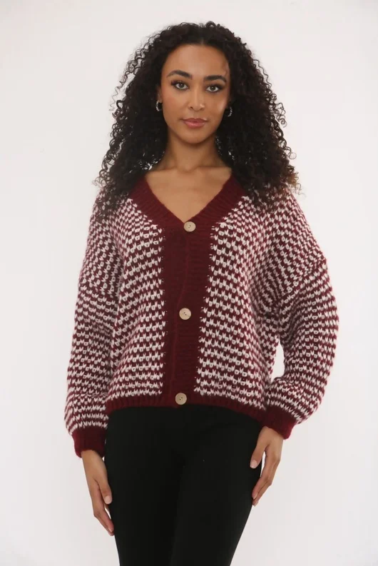 Wine Chunky Knit Buttoned V Neck Cardigan