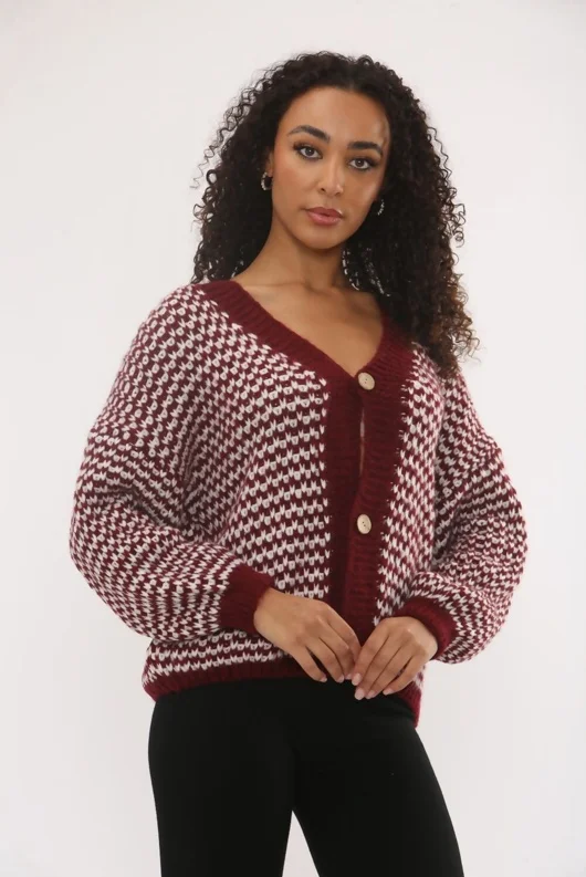 Wine Chunky Knit Buttoned V Neck Cardigan