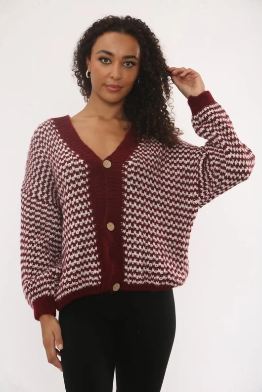 Wine Chunky Knit Buttoned V Neck Cardigan