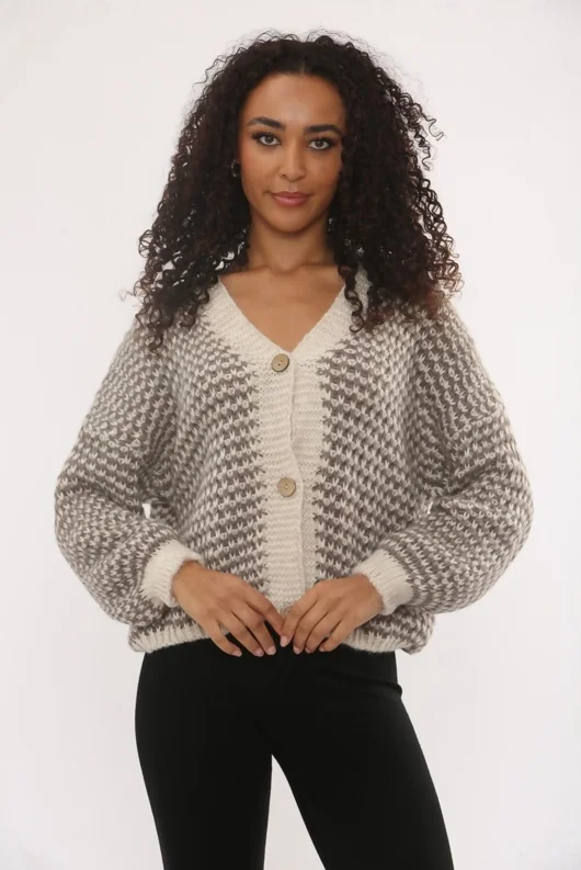 Mocha Chunky Knit Buttoned V Neck Cardigan