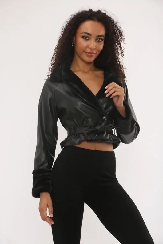 Black Cropped Faux Leather Jacket Styled With Fur Collar And Cuffs