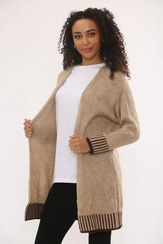 Beige Wool Blend Cardigan With Contrast Stripes