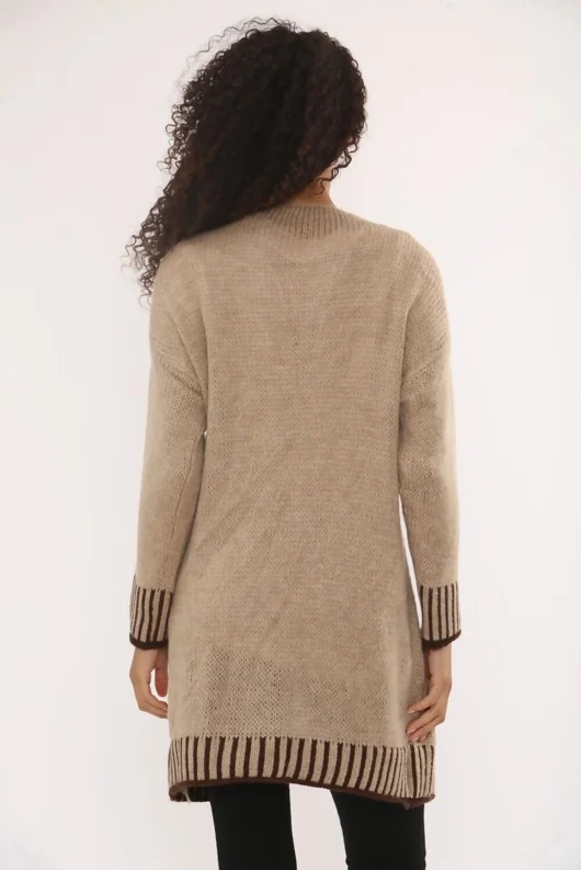 Beige Wool Blend Cardigan With Contrast Stripes