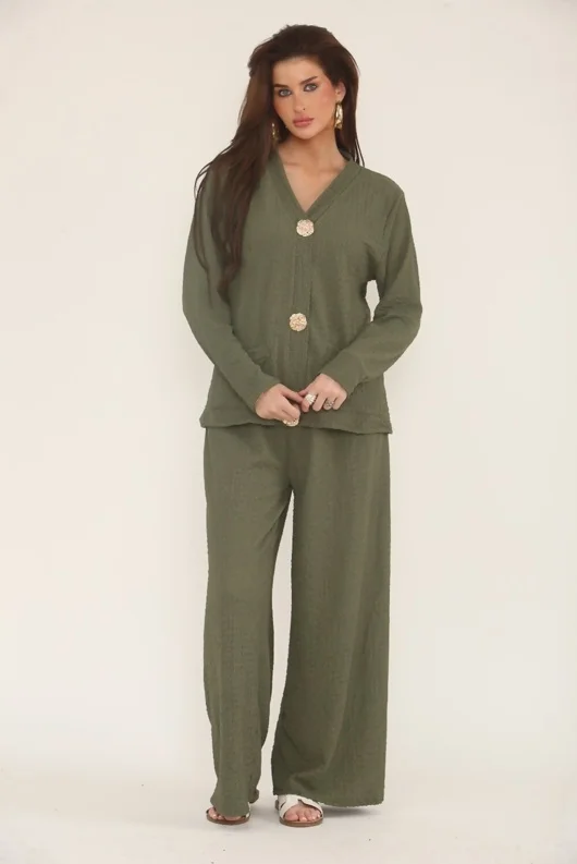 Khaki Long Sleeve Gold Button Cheesecloth Top And Trouser Co-Ord Set